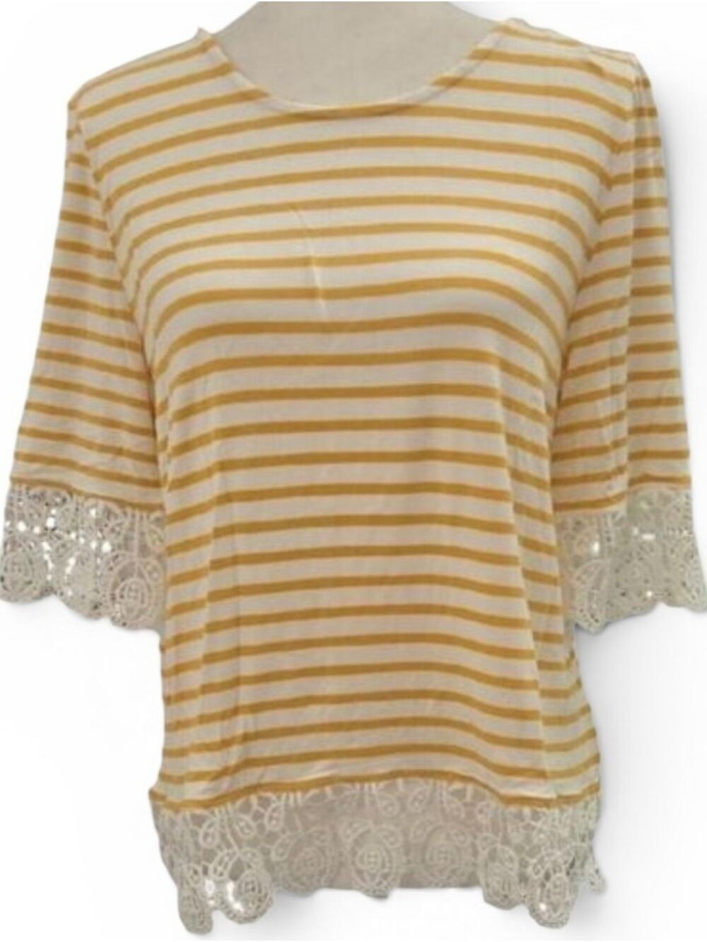 Stretchy Comfy Kim & Cami Yellow Striped Blouse with Lace L 3/4 Sleeves Beach